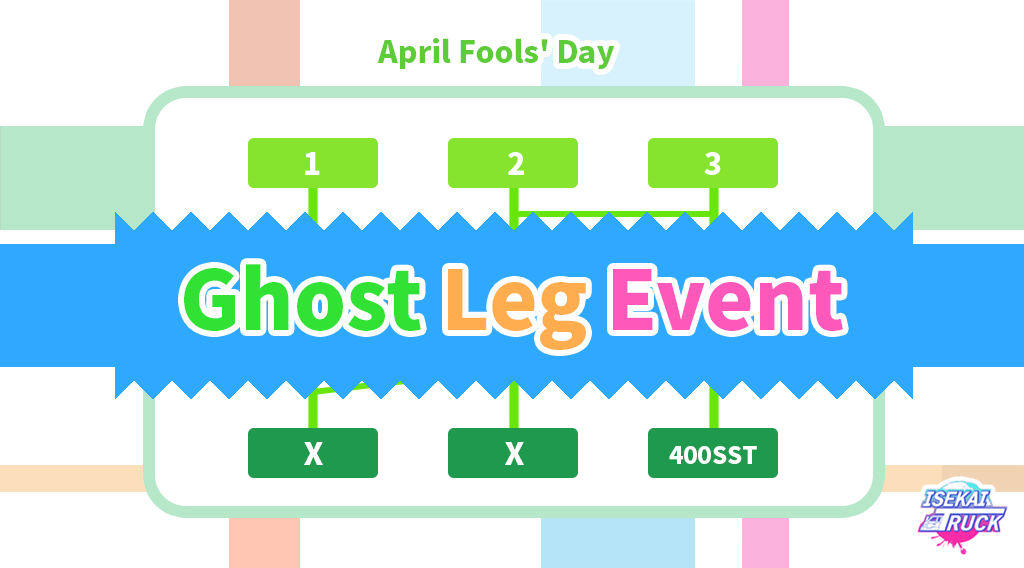 🎁 April Fool's Day Ghost Leg Event! 

How to participate✔️

1. Until 04.01 24:00 (UST) On t.me/isekaitruckgro…
‘What is the fantastic price of Meta.D Coin?“ Participate in voting.

2. On the 04.04, go through Ghost Leg Game by vote numbers. 400 SST to the winners.