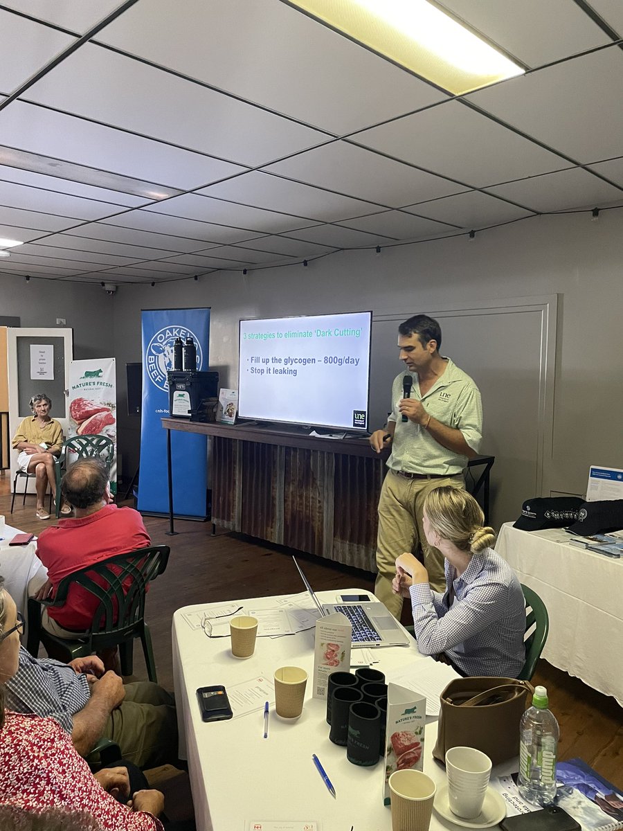 JarrodLees's tweet photo. @PeteMcGil talking all things eating quality with some #naturesfresh from #OakeyBeefExports with a mock sensory session to boot. What we learned from sample 2 - high ossification = tough meat! @ERS_UNE https://t.co/EEs9E5IP27