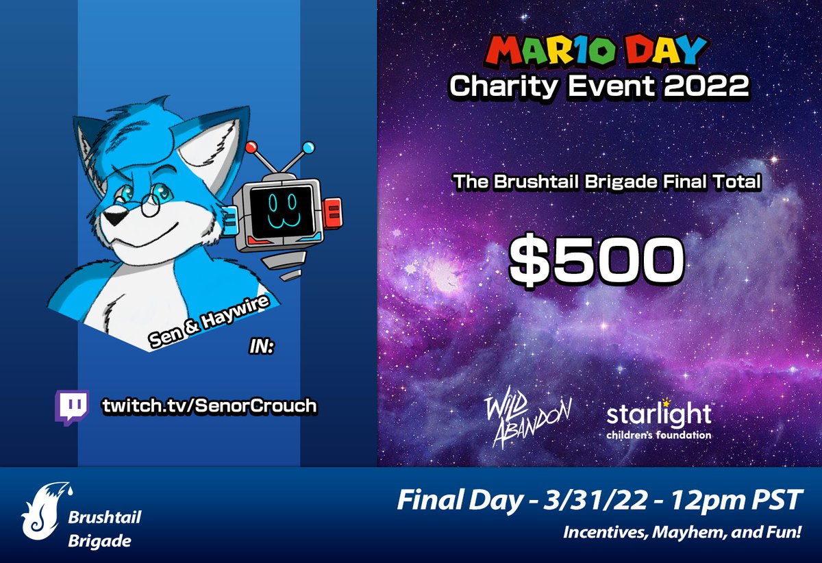 With today coming to an end, I want to take a moment to shoutout the Brushtail Brigade in their amazing support with <a href="/StarlightUS/">starlightUS</a> and the Mario Day Charity Event!  We managed to raise $500 exactly for Starlight adding to the over $33k with the rest of <a href="/WildAbandonTeam/">Wild Abandon</a>! GG!