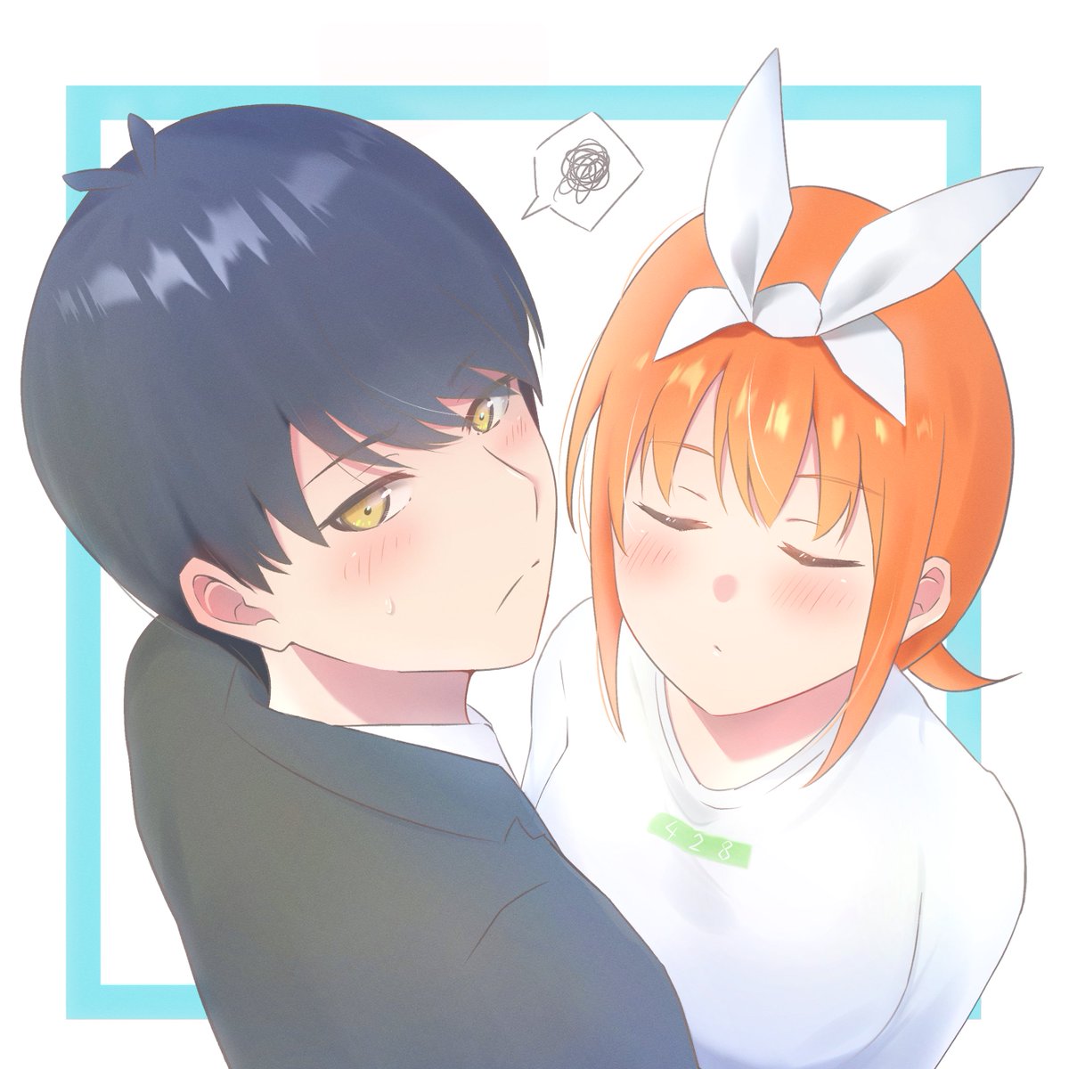 nakano yotsuba 1girl 1boy blush closed eyes ribbon orange hair black hair  illustration images