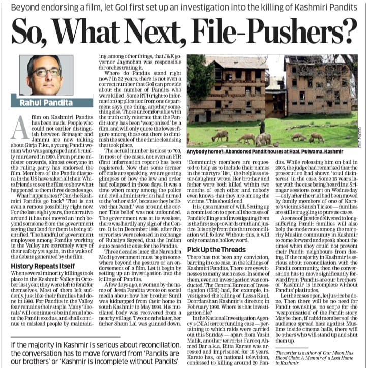 rahulpandita's tweet photo. Three decades after the Kashmiri Pandit exodus, @narendramodi government must begin somewhere beyond the gesture of a film endorsement. Let him begin by setting up an investigation in all KP killings - my piece in The Economic Times https://t.co/eowEf1FWx2