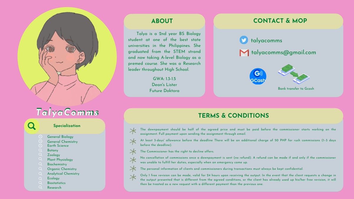 talyacomms's tweet photo. Hello, Earthlings!🌷

Your Biology Companion, Talya Comms, is here and accepting Academic commissions! In our ever-competitive educational system, I am pleased to offer you a hand in this struggle for Academic success. Let's grow, learn, and adapt together🌸💚

vouches: #CELLamat https://t.co/I6EfPGflR1