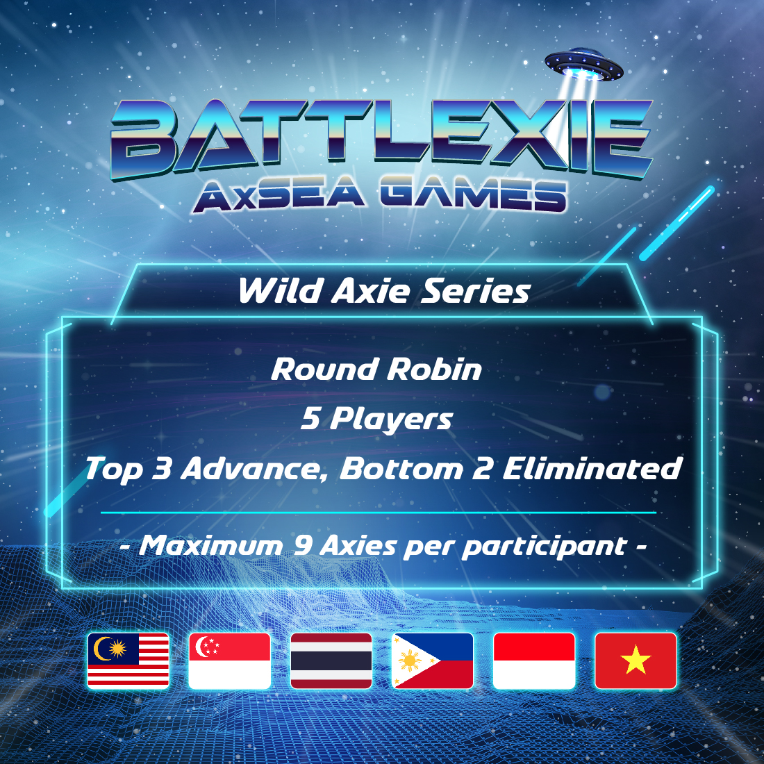 The Official Battlexie: AxSea Games Wild Axie Series Format! 🥳

One trainer from each region will battle it out with every trainer from the other regions! ⚔️
Wishing trainers all the best! 😉

#BattlexieAxSeaGames
