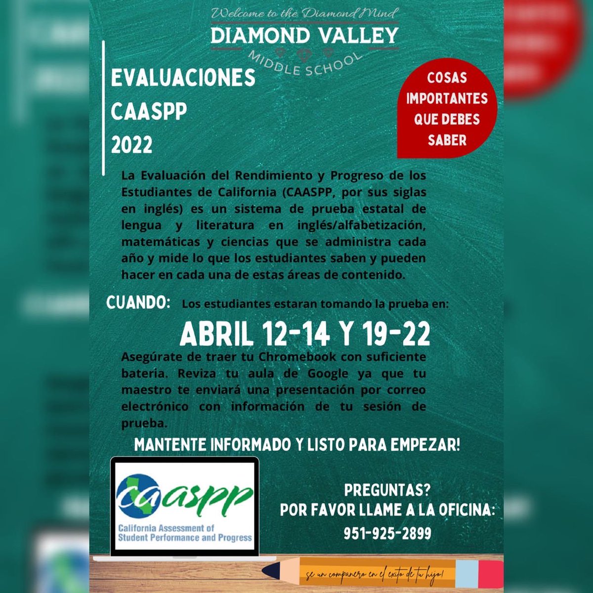 DiamondValleyMS's tweet photo. After Spring Break, we will begin our CAASPP testing for English, Math, and Science. Please read the letter from our Admin Team. Parents, be sure to talk with your scholar to ensure they get plenty of rest, eat a healthy breakfast, and be on time to school! You got this Gems! 💎 https://t.co/bPphDHyMPB