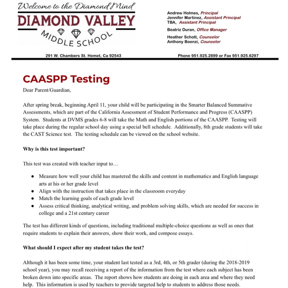 DiamondValleyMS's tweet photo. After Spring Break, we will begin our CAASPP testing for English, Math, and Science. Please read the letter from our Admin Team. Parents, be sure to talk with your scholar to ensure they get plenty of rest, eat a healthy breakfast, and be on time to school! You got this Gems! 💎 https://t.co/bPphDHyMPB
