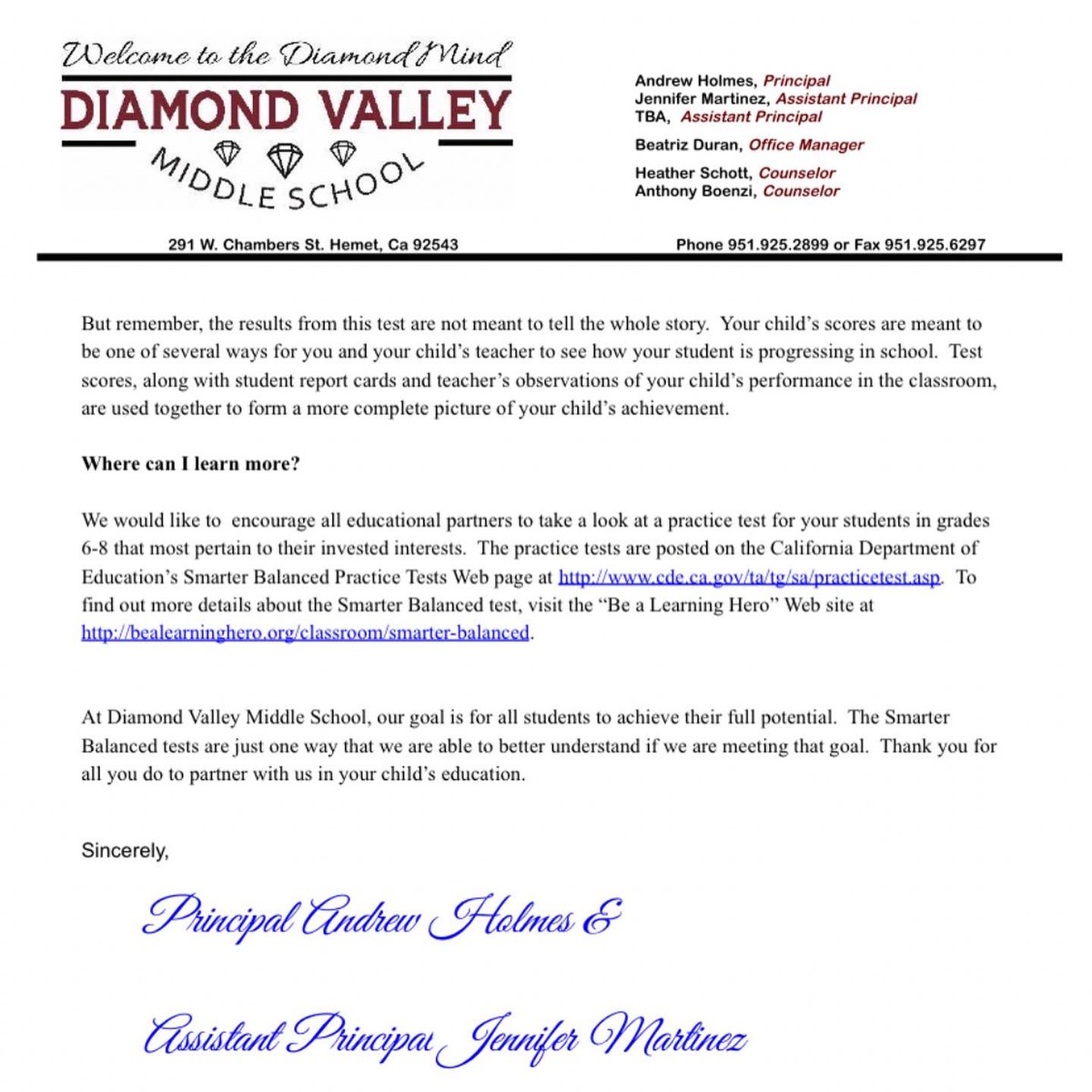 DiamondValleyMS's tweet photo. After Spring Break, we will begin our CAASPP testing for English, Math, and Science. Please read the letter from our Admin Team. Parents, be sure to talk with your scholar to ensure they get plenty of rest, eat a healthy breakfast, and be on time to school! You got this Gems! 💎 https://t.co/bPphDHyMPB