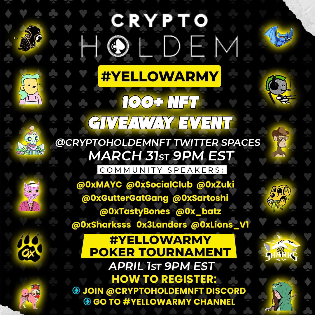 ♠️Yellow Army Poker Tourney ♠️

Tomorrow, April 1st @ 6pm PST/9pm EST

MASSIVE NFT GIVEAWAY!!!

👀👀🔥🔥🚀🚀

#NFT #NFTs #NFTLA #NFTLA2022 #YellowArmy #NFTgiveaway #NFTart #NFTcommunity #Poker #OnlinePoker #PokerOnline #0xArmy