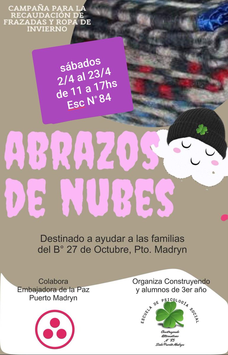 EmbajadoraPMY's tweet photo. (Se recolectará los días sabados)

Nos unimos en solidaridad con la escuela de Psicología Social "Construyendo Alternativas" y sus alumnos que están organizando una colecta de frazadas y ropa de abrigo 🧤🧣🧥para ser donados a familias del Barrio 27 de Octubre.
#SumateVosTambien https://t.co/wQteOYAlo6
