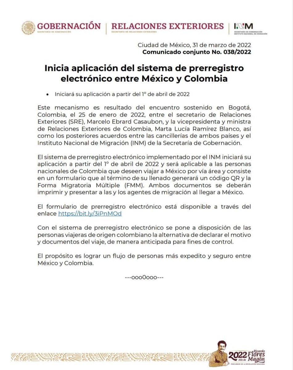 #Comunicado 📄 A partir del 1º de abril de 2022, inicia la aplicación del sistema de prerregistro electrónico entre #México 🇲🇽 y #Colombia 🇨🇴 para ciudadanos que deseen viajar al país por vía área.
bit.ly/3DxB63k