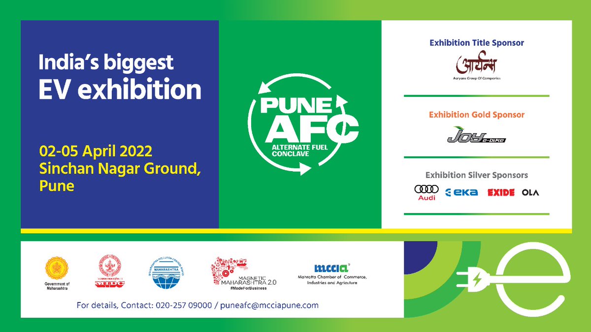 MCCIA_Pune's tweet photo. As a step into the new era of Green Mobility, visit India’s largest vehicle exhibition exclusively focused on alternate fuel technologies.

2 &amp; 3-wheelers, cars, goods-vehicles, &amp; buses will be displayed by startups, #MSMEs, &amp; leading #EV manufacturers.

#PuneAFC @MahaEnvCC https://t.co/mtX6vzLmcj