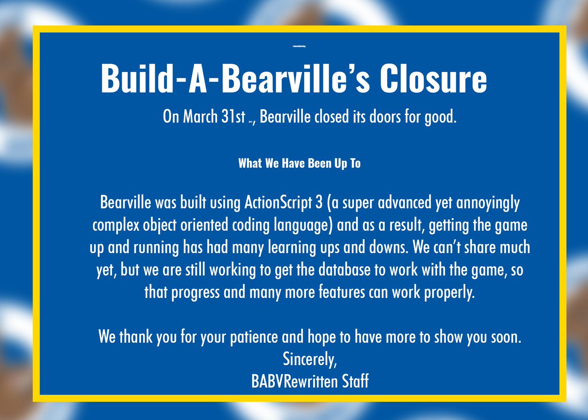 BABVRewritten's tweet photo. Hey everybear! We have some important information regarding the Bearville Rewritten project: https://t.co/HjGsxvxIRU