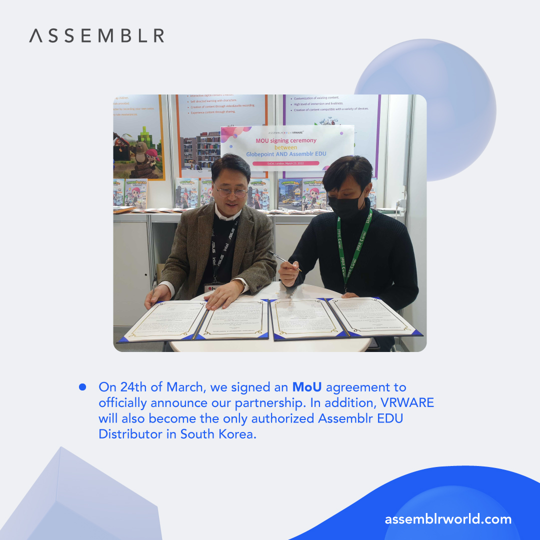 assemblrworld's tweet photo. Taking place at our booth in Bett UK 2022, we signed an MoU agreement to officially announce our partnership. Hopefully, we can expand the scale of Assemblr EDU all over South Korea. Here's to more fun, interactive learning with AR! 🚀 #AssemblrEDU #VRWARE #ARVRinEDU #AR #VR https://t.co/FP7ys7FivB