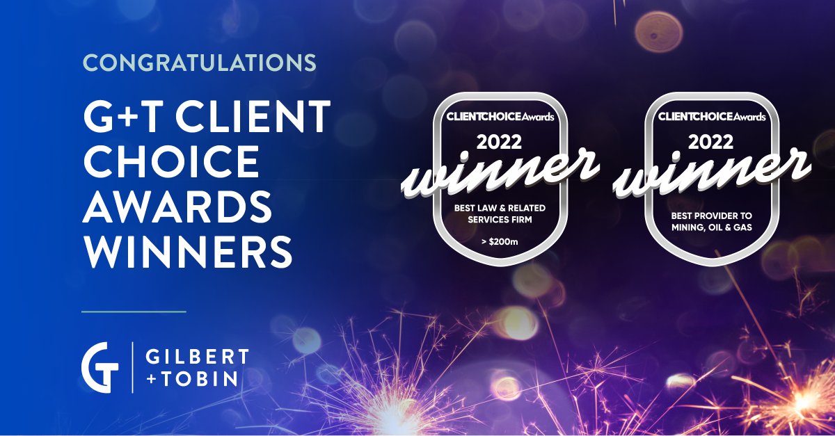 Delighted to hear from <a href="/beatonglobal/">beaton</a> that G+T were winners of #ClientChoiceAwards 2022 for BEST LAW &amp; RELATED SERVICES FIRM and BEST PROVIDER TO MINING, OIL AND GAS. A huge thank you to our wonderful clients who give us their support.
