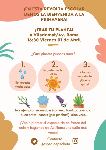 espacioapacheta's tweet photo. Aquest cap de setmana t'esperem 👇🏽

-Divendres a la tarda @RevoltaEscolar a @espacioapacheta 
-Dissabte al matí presentació dels horts del barri a la Fira del Planter i de la Llavor al @MercatDePages de Germanetes
-Diumenge jornada de treball a @espacioapacheta 

Comptem amb tu🙌🏼 https://t.co/hBPFjwtepK