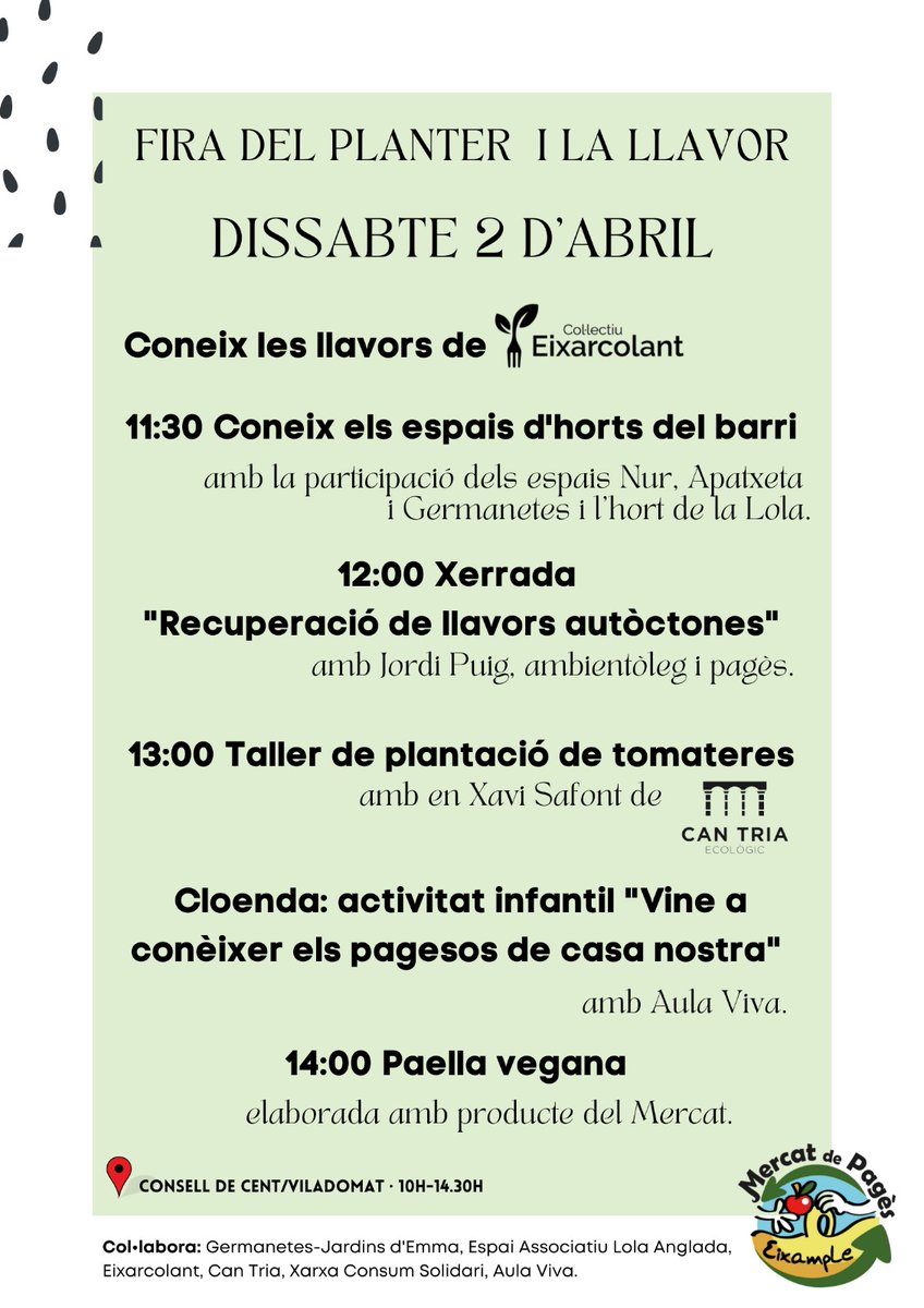 espacioapacheta's tweet photo. Aquest cap de setmana t'esperem 👇🏽

-Divendres a la tarda @RevoltaEscolar a @espacioapacheta 
-Dissabte al matí presentació dels horts del barri a la Fira del Planter i de la Llavor al @MercatDePages de Germanetes
-Diumenge jornada de treball a @espacioapacheta 

Comptem amb tu🙌🏼 https://t.co/hBPFjwtepK