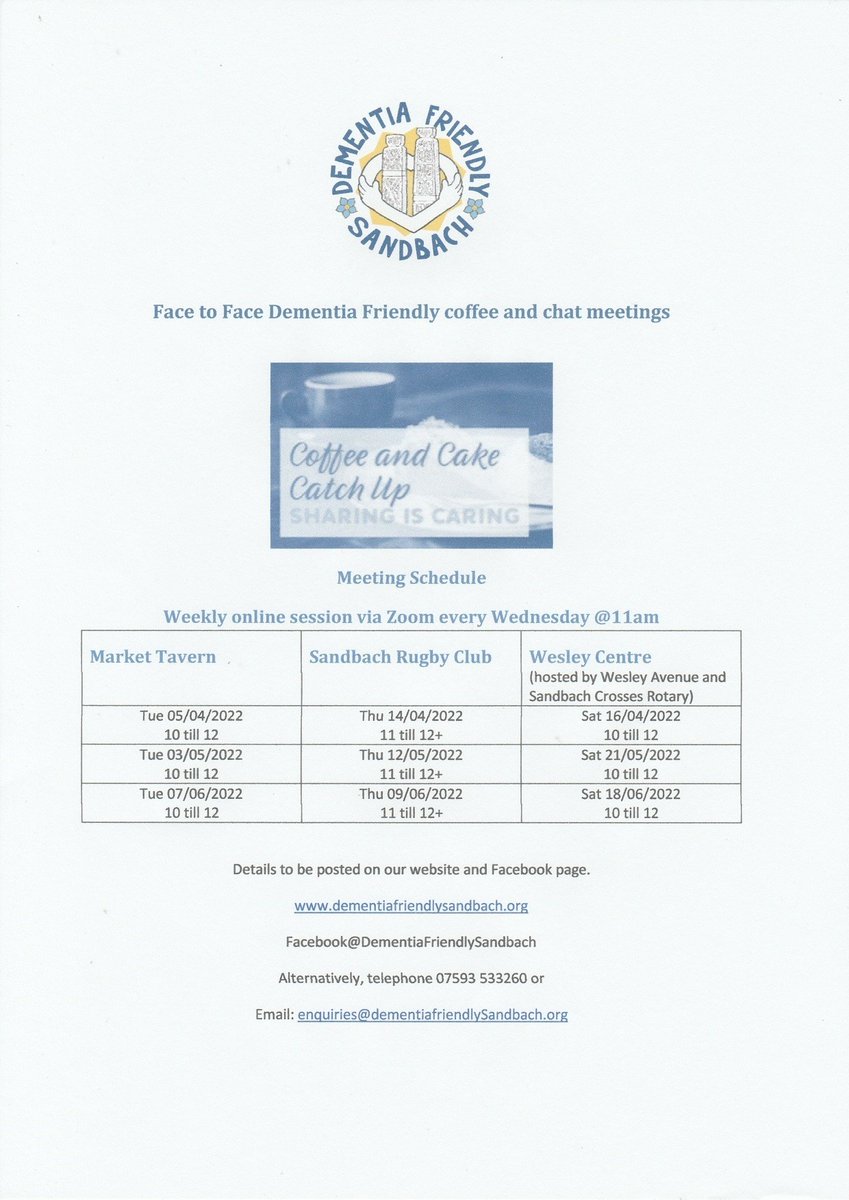 Dementia Friendly Sandbach are putting on Coffee and Chat sessions.

The Face to Face meetings as well as weekly online sessions.

All details are on the poster :)

Where possible, local Officers will be on hand to discuss the Herbert Protocol

#DementiaFriendlySandbach #STP