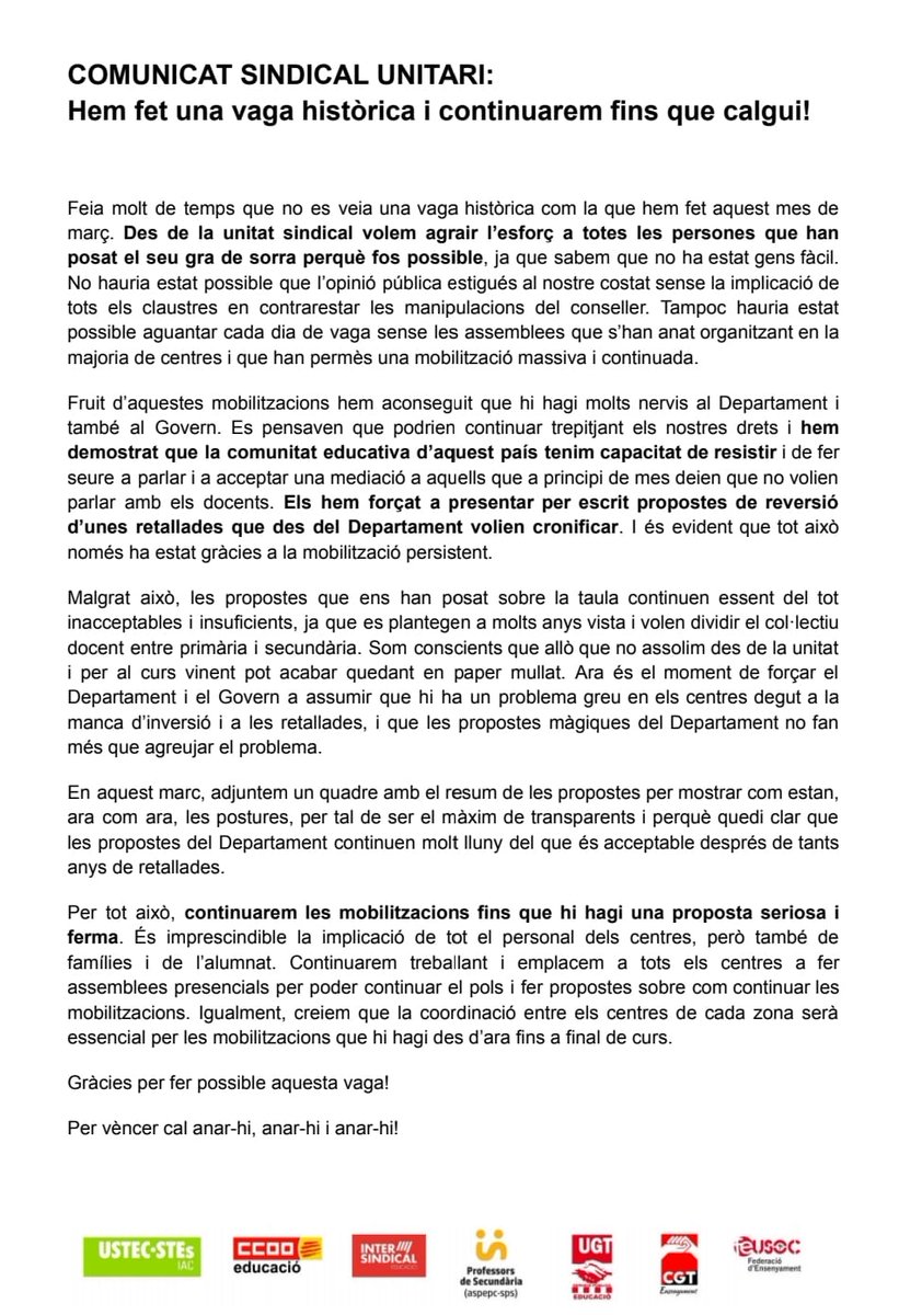 PublicaCat's tweet photo. Us fem arribar el comunicat unitari de valoració dels 5⃣ dies de vaga. 
‼️ ATENCIÓ ‼️ Inclou graelles amb allò que reclamem, allò que ofereix @educaciocat i la nostra valoració. https://t.co/n09O3Tgv8F