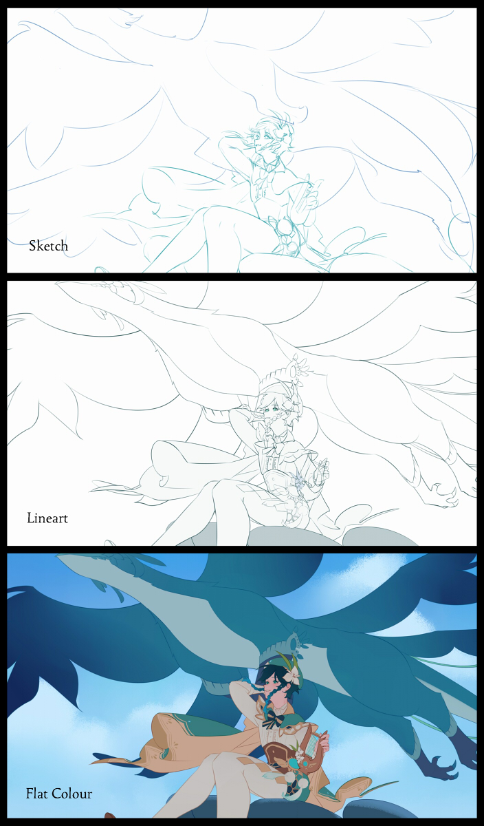 The sentence is from Dvalin's archive description! There is a nice message in there~

I drew this picture for Venti fanart contest so I need to share the progress images, these are my steps for this work. 