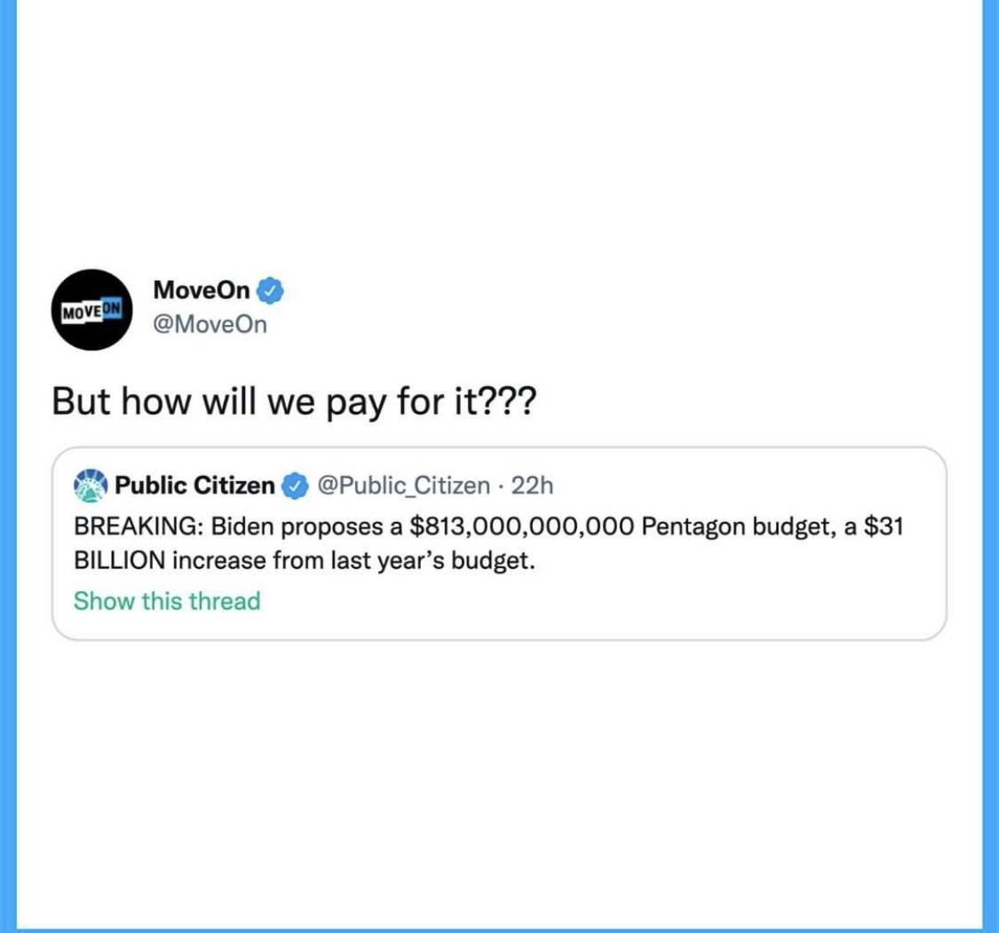 LiberalResist's tweet photo. We need to shift our priorities #fundeducation #fundsocialprograms #fundclimatechange https://t.co/M9U29RFdLF