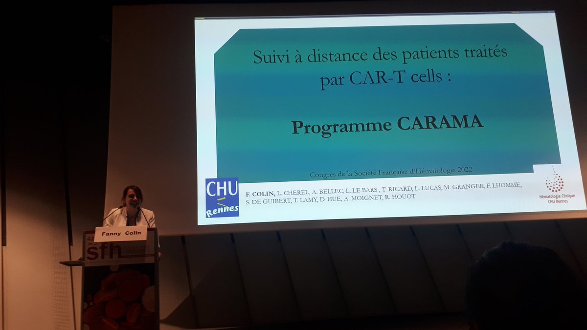 MagaliGranger's tweet photo. Suivi à distance des patients après traitement par CAR T-cells: programme CAR-AMA présenté par l'IDE carama Fanny Colin du service d'hématologie du @HouotRoch au congrès de la Société Française d'Hématologie 2022. #SFH2022 #cartcells # @MBoissart # @CHURennes # @AssoELLyE https://t.co/FPakhpmmgY