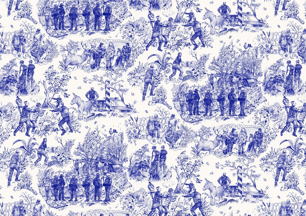 Streetlab_io's tweet photo. gm ☮️

"Toile de Juy"  is a type of decorating pattern consisting of a white background on which is a repeated pattern. Usually represents some "scenes of everyday life".

@shanehello3 used it in a militant way✊

So yes, Street-Artists are making a lot more than just graffitis😏 https://t.co/yVTt2Y0WNi