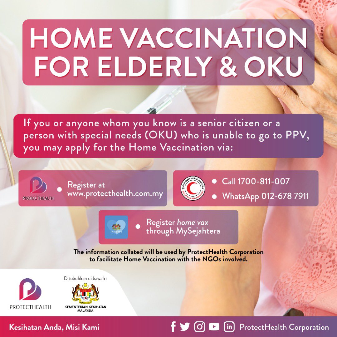 aafaizli's tweet photo. Lindungi mereka yg tersayang segera! Bagi warga emas dan OKU yang mempunyai masalah untuk hadir ke PPV anda boleh mohon HOME VACCINATION melalui :-
1) Dial 1700-811-007 
2) WhatsApp 0126787911
3) Mohon home vax melalui @my_sejahtera 
4) Daftar di https://t.co/MbnQbA7NGe https://t.co/lWcKES3oNF
