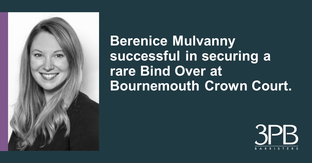 3PBChambers's tweet photo. 3PB specialist criminal barrister Berenice Mulvanny has successfully represented a client charged with assaulting an emergency worker, securing a rare Bind Over at Bournemouth Crown Court.

Read more here: https://t.co/D7izIHe8qw

#criminallaw #BindOver #Assault https://t.co/1I0fRR0N1p