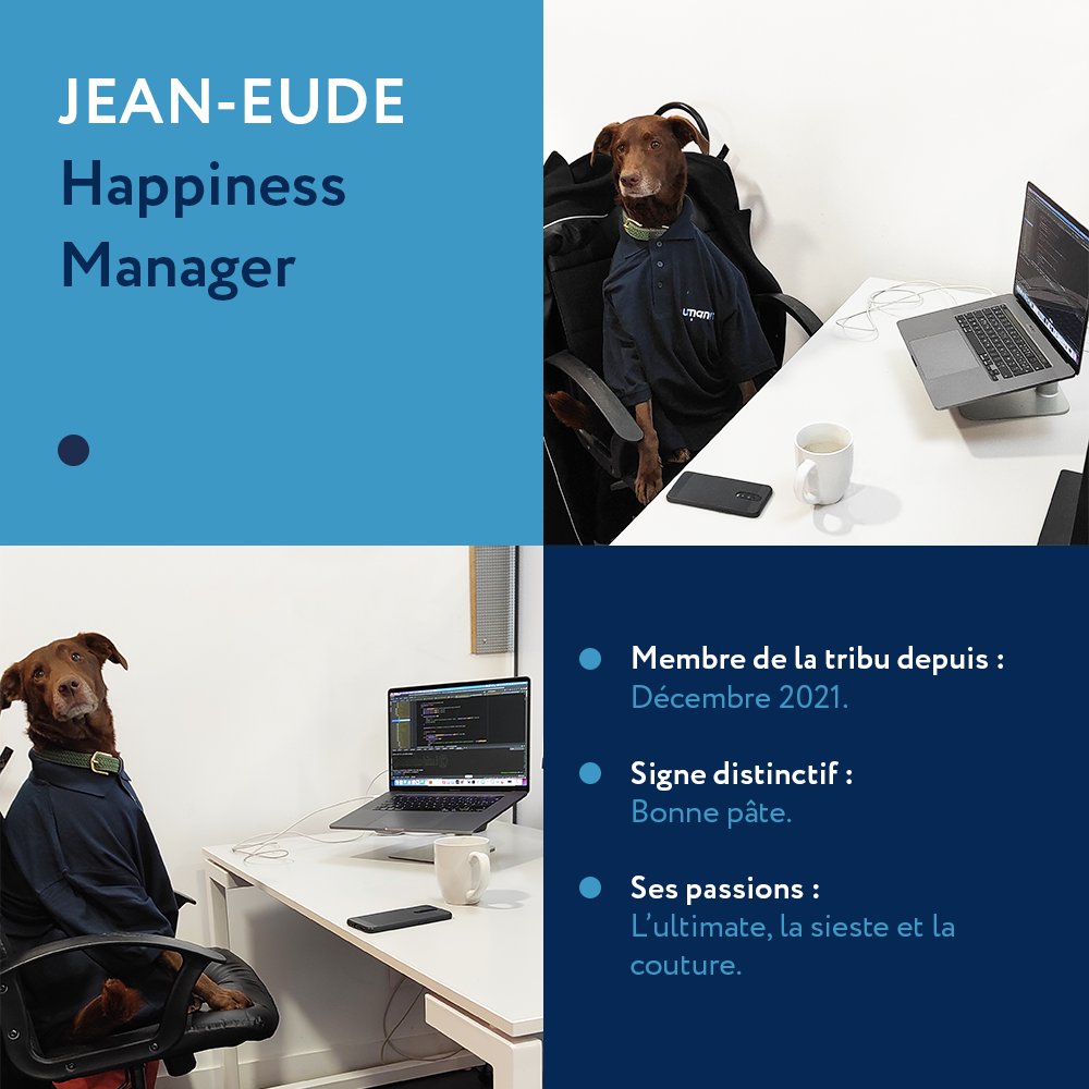 🐶[#Témoignage]

Jean-Eude, ou le soleil de #UmanIT. 🌞

À la fois Développeur et Happiness Manager, il préfère le confort du télétravail mais ne boude pas les accueils enthousiasmés qu'il reçoit au bureau. 😊 

+ d'infos sur la #UmanITeam par ici :

👉  lnkd.in/gdWRqws8