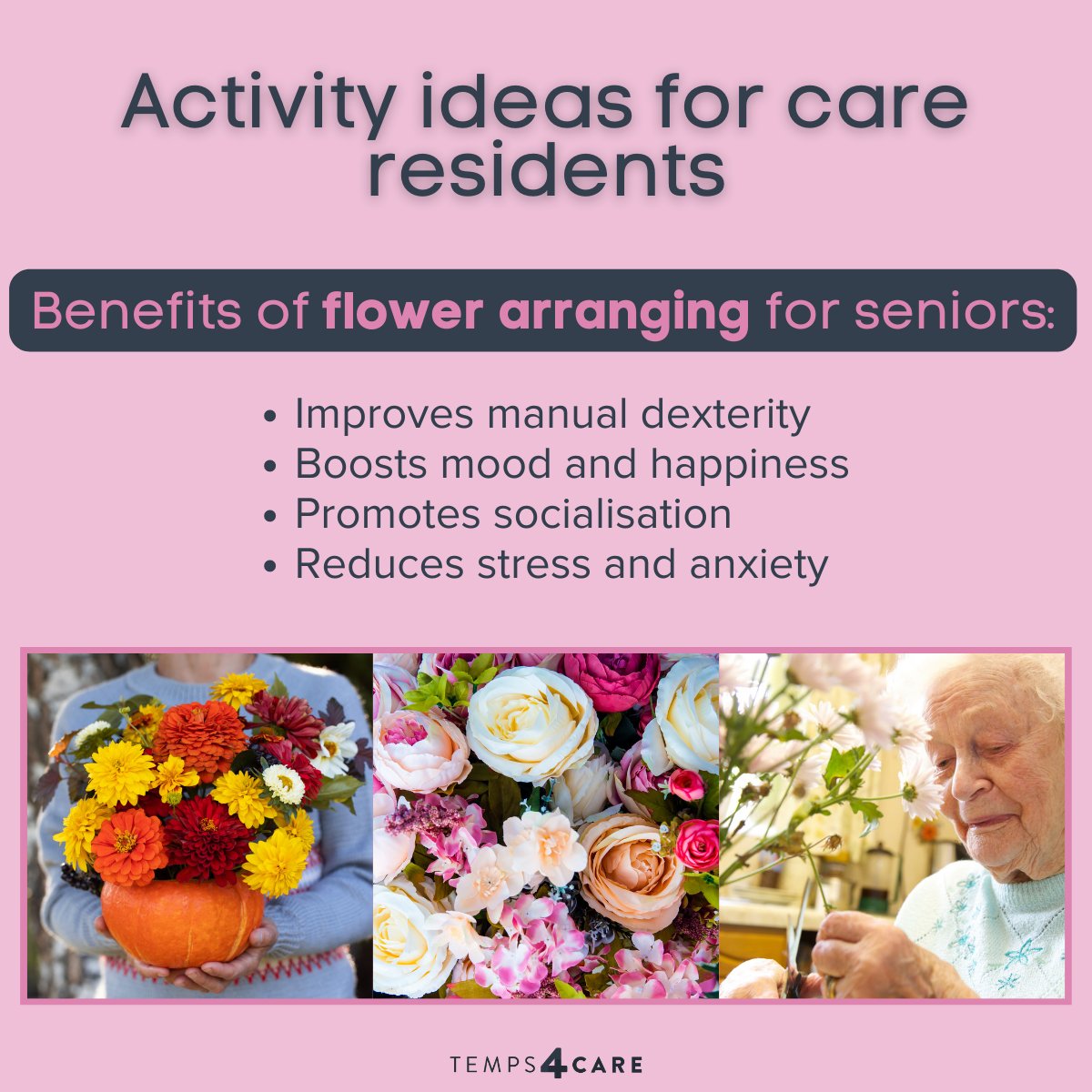 Flower arranging has an array of benefits for seniors. 💐

This social activity can be done just about anywhere, and any level of mobility. 

#FlowerArranging #SocialCare #Activity