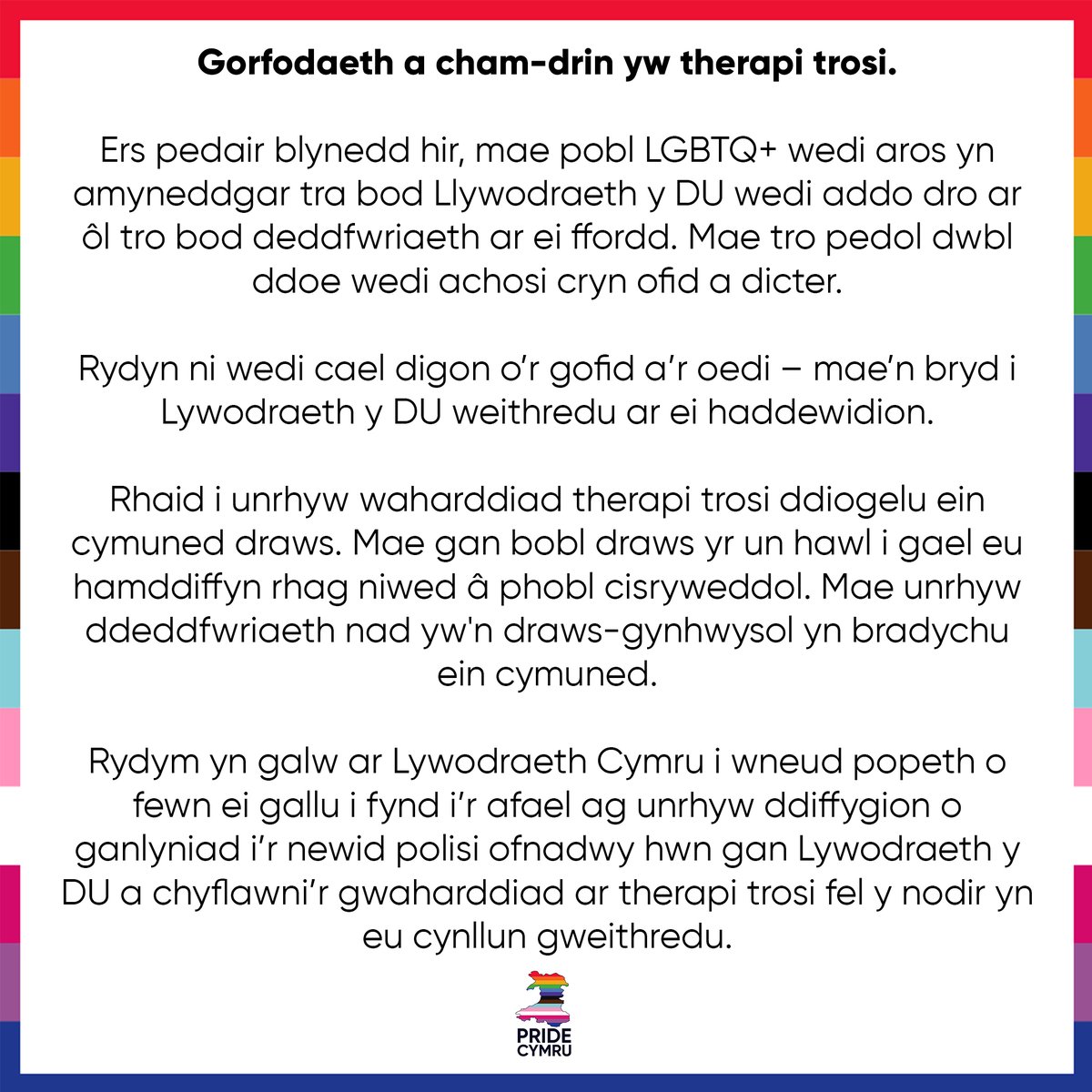 PrideCymru's tweet photo. Conversion therapy is coercion and abuse.

Gorfodaeth a cham-drin yw therapi trosi.

@WelshGovernment @LlCTrafnidiaeth @UKGovWales @GOVUK @GEOgovuk https://t.co/LE6Nlcb11B