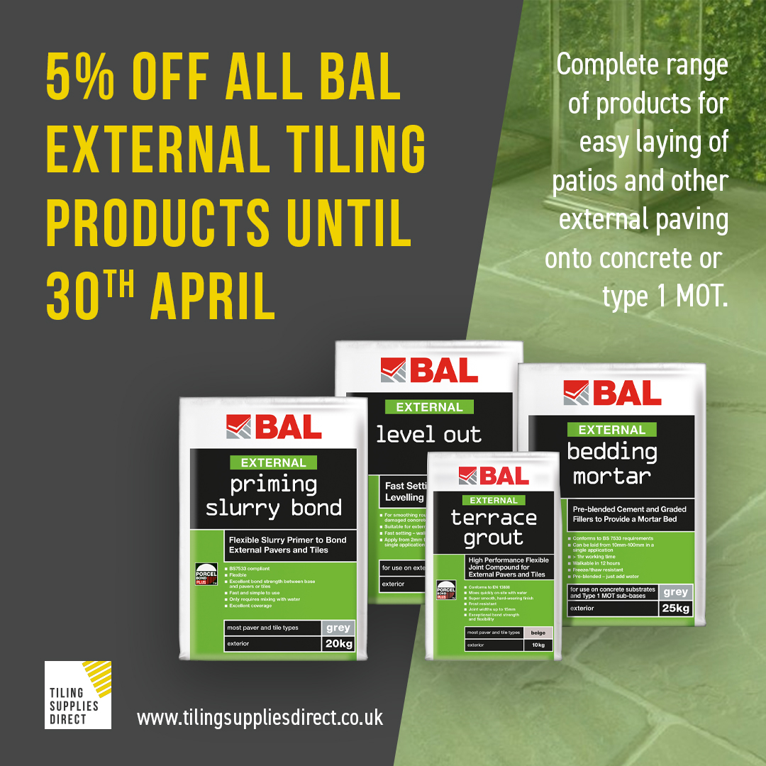 Installing a new patio this spring? The BAL External range of products is available to make the job as easy as possible.

👉 Available to order online at tilingsuppliesdirect.co.uk with 5% off the entire range for the duration of April. 💸