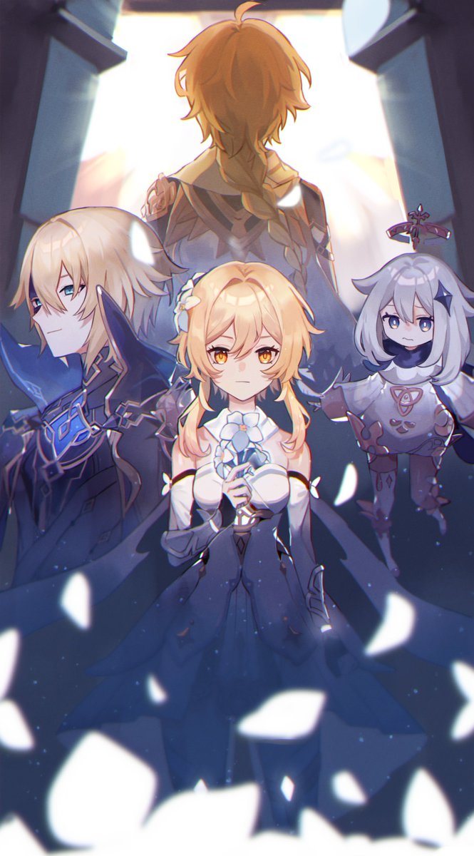 aether (genshin impact) ,lumine (genshin impact) ,paimon (genshin impact) blonde hair multiple girls 2girls flower multiple boys hair ornament hair flower  illustration images