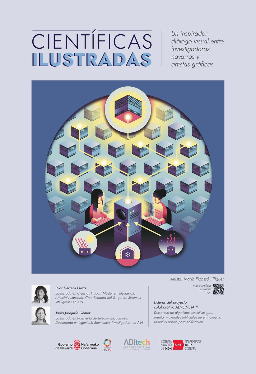 mariapicasso's tweet photo. @ADItech 🔴 El cartel estará en las calles de Pamplona en abril y es fruto del diálogo con Pilar Herrera y Tania Jorajuría, líderes del proyecto #AEVOMETA que aplica técnicas de IA y computación evolutiva en la búsqueda de materiales capaces de refrigerar edificios sin aporte de energía. https://t.co/lhYaid0swA