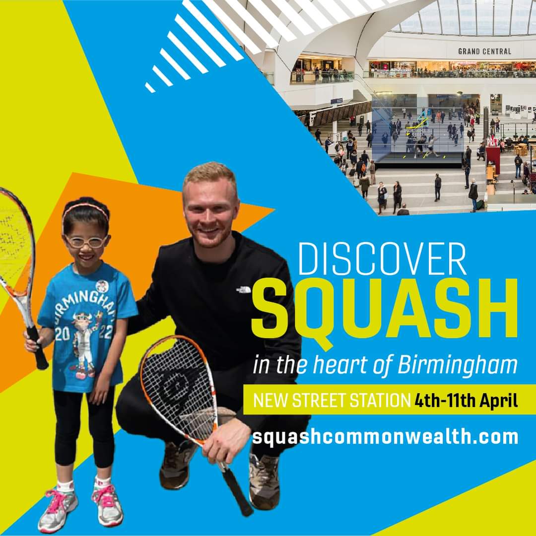 Squash2022's tweet photo. Getting excited about showcasing squash to the people of Birmingham next week at New Street. Proud to be given the best location in the best train station in the UK! 
Read more on our website and come down and join the fun! 
#B2022 #SquashUnited
https://t.co/nRbZVjrmmv https://t.co/7noRQXXGuf