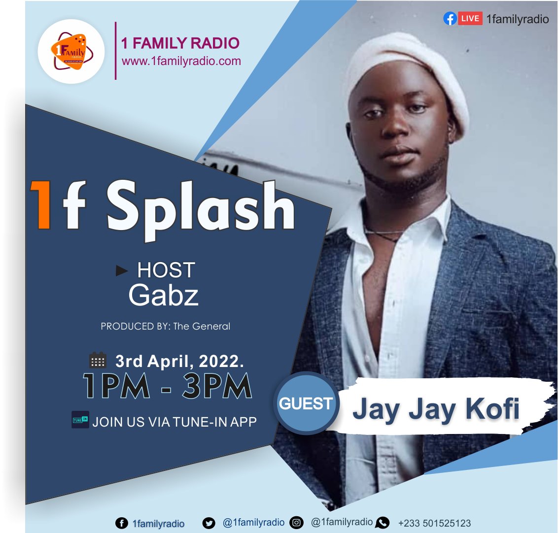 1familyradio's tweet photo. Hey! Hey!! Hey!!!, this week on #1f_Splash on #1familyradio with @gabz_gh @gabz_devoice
This #Sunday's #Guest will be @Jayjay_kofi
Listen #via https://t.co/Dmzq6k4HnC or join us live on #FacebookLive #1Familyradio
#1F_Splash #1Familyradio https://t.co/zwQhjgCQ6p