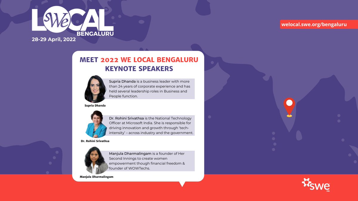 SWEIndia's tweet photo. Meet the 2022 WE Local Bengaluru keynote speakers!
Register now: https://t.co/YgqS9gctQW
#SWEIndia #WomeninSTEM #community #Engineers #girlengineer #technology #WElocal #India #conference #STEM #Science #Engineering #Leadership #networking #professional #development #career https://t.co/MBmyvLGqFw