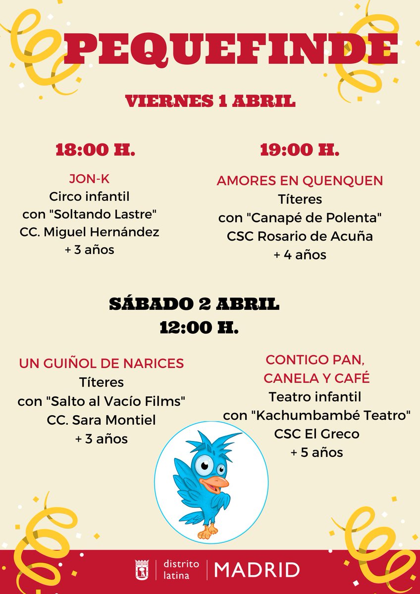 JMDLatina's tweet photo. 👧👦 #PequeFinde por partida cuádruple:
2 espectáculos para esta tarde de viernes y otros 2 mañana sábado por la mañana: títeres y guiñoles, circo y magia y teatro infantil por el #DiadelLibro ... Empezamos #abril a tope ¿eh Chico?🐦😉 https://t.co/QBQp4T53o1