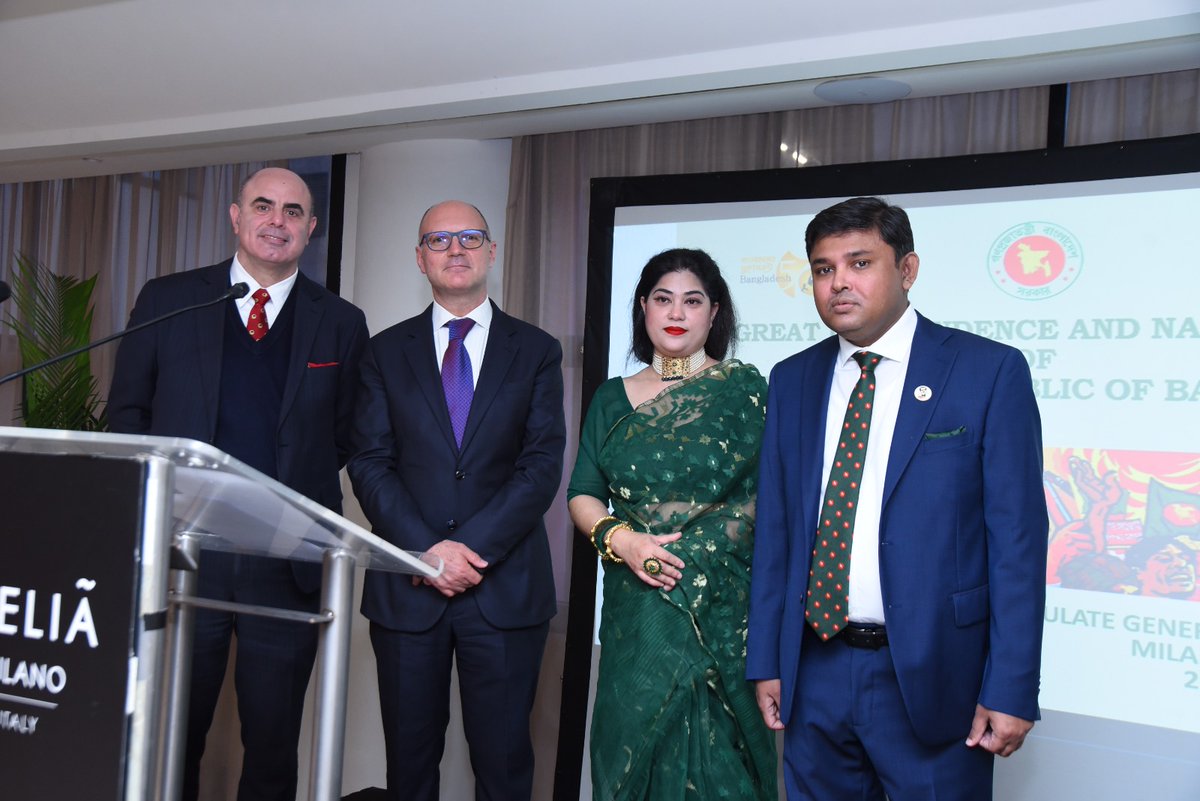 BCGMilan's tweet photo. Glimpses of the National Day Reception of Bangladesh in Milan 2022 🇧🇩
Held at Hotel Melia, Milano, the reception was attended by senior officials of host Government, members of the consular corps, media representatives and academics. 
#milan #bangladesh #italy #independenceday https://t.co/iX2C7n287W