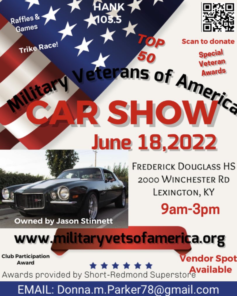 d_parker78's tweet photo. Military Veterans of America 1st Annual Car Show!!  Come join us!  @Military_VA @heraldleader @LexingtonKyGov @RyanQuarlesKY @VP @Lexington @DJOtisBadass https://t.co/NMC9fbdSPg
