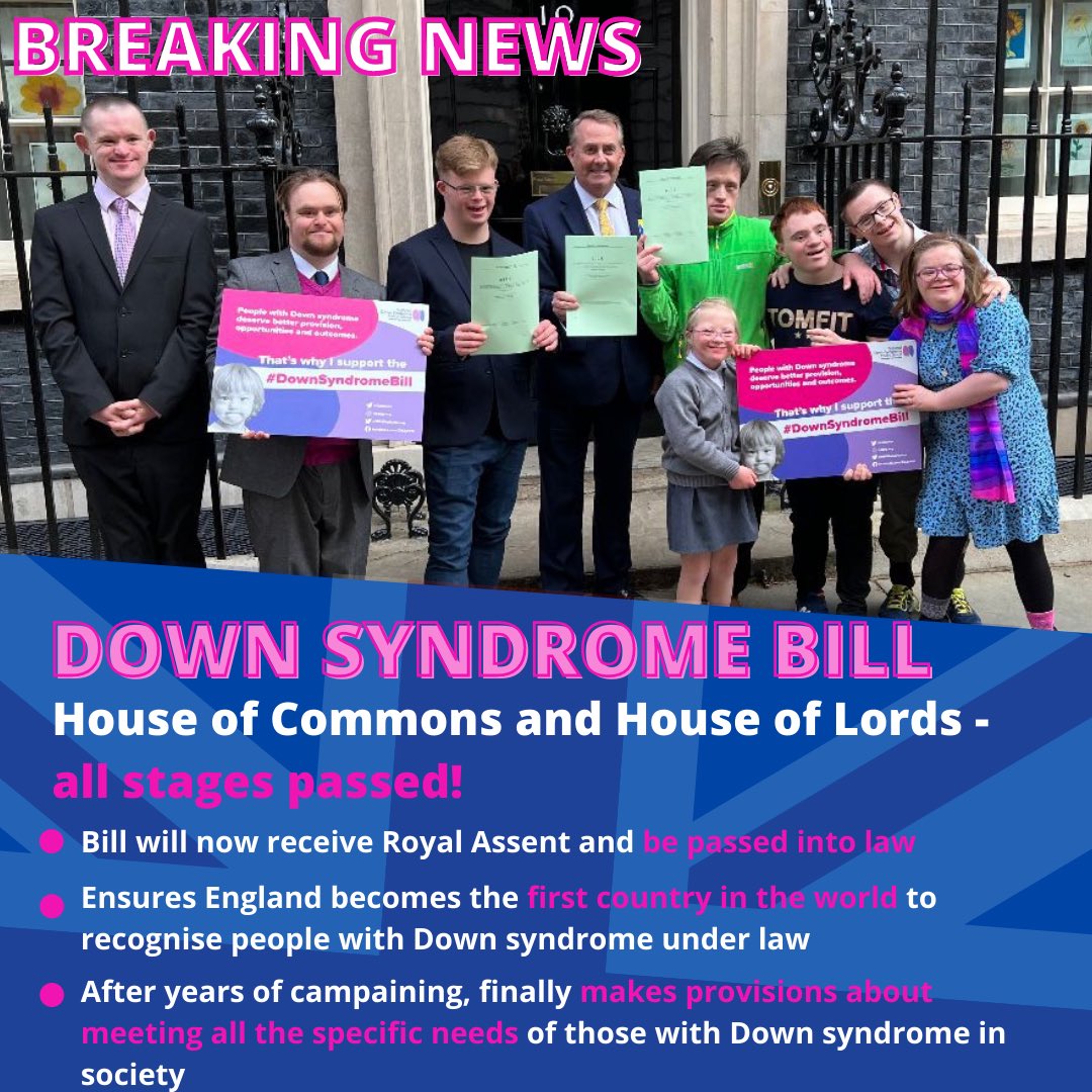 BREAKING NEWS: The #DownSyndromeBill has completed its final stage in the <a href="/UKHouseofLords/">House of Lords</a>, meaning it has now passed both houses of <a href="/UKParliament/">UK Parliament</a>. It will now receive Royal Assent and become an Act, giving people with #DownSyndrome the provisions they have campaigned so long for.