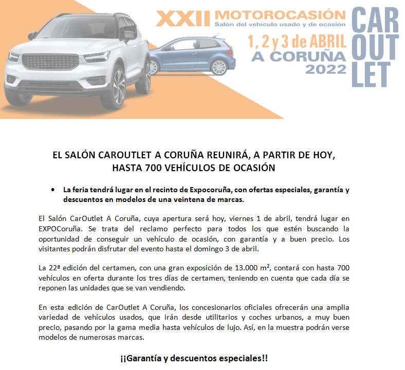 expocoruna's tweet photo. El Salón CarOutlet reunirá, en EXPOCoruña, hasta 700 vehículos de ocasión desde hoy (1 de abril), hasta el domingo (3 de abril), con ¡¡GARANTÍA Y DESCUENTOS ESPECIALES!!
@acorunacb
@ConcelloCoruna
@eventos_motor
#CarOutlet
#EventosMotor
#MotorOcasión
#expocoruña https://t.co/Qyx8bVF7cZ