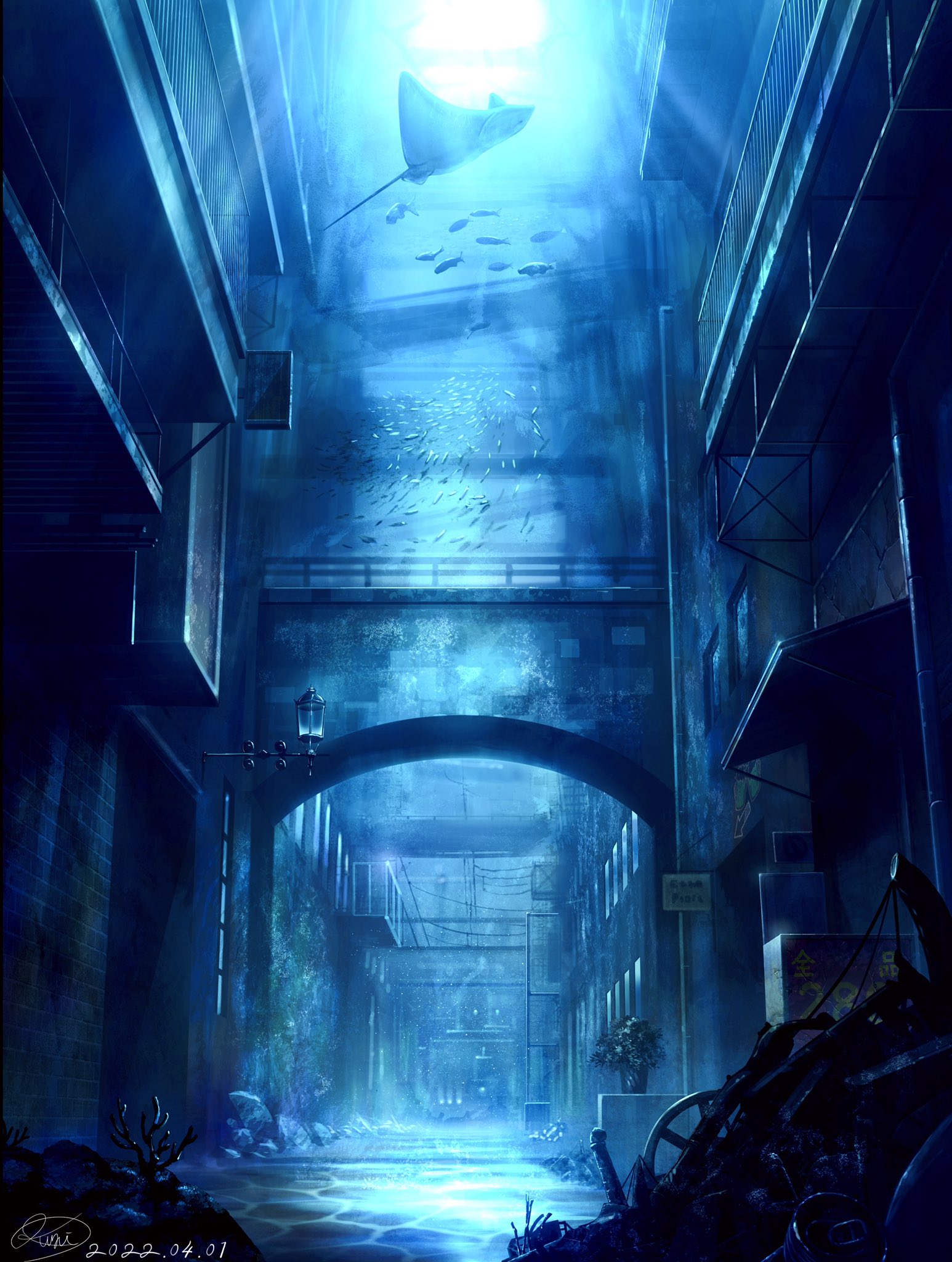 くに 風景イラスト 海底都市 美術背景 風景画 Photoshop アニメーション アニメーション制作 アート イラスト イラスト好きな人と繋がりたい 綺麗な景色 クリエイター T Co Y2xiiapywv Twitter