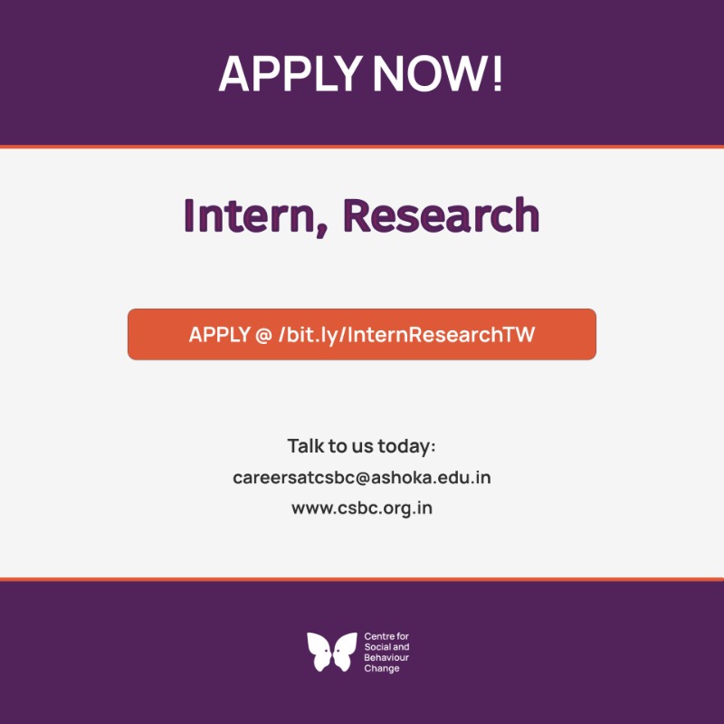 csbcashoka's tweet photo. #HiringNow at #CSBCAshokaUniv: Intern, Research
Apply to work with us now at: https://t.co/u8Ia41uiJ9
Tag someone who might be interested!
#HiringAlert #ApplyNow #BehaviourChange #behavioureconomics #behaviouralscience #behavioreconomics #developer #Intern #Research