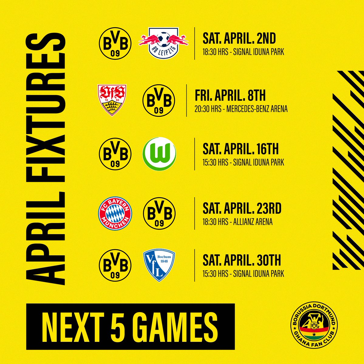 bvbghana's tweet photo. APRIL!
5 matches in the 4th month.
We're ready to go! Brace up! ๐ช๐ช๐ช
Which match are you looking forward to the most?๐
#bvbdeyghana #bundesliga #bvb #fixturelist #aprilfixtures #ready #hejabvb https://t.co/PNsL6sbNPt