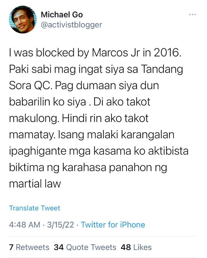 MJ__Mondejar's tweet photo. JUST IN: Authorities arrested a certain Michael Go on Monday who posted a threat on social media against Presidential frontrunner @bongbongmarcos.
 
The suspect is under police custody and will face charges due to grave threats.
 
His malicious tweet is posted below. | @smninews https://t.co/LUjDwjopGp