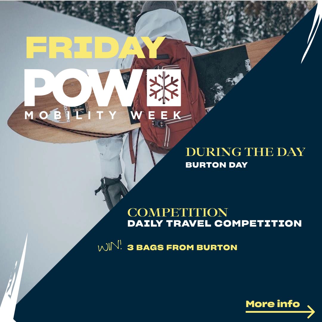 Our_Winters_EU's tweet photo. On day 5 of #POWMobilityWeek 🚎 we are joining @BurtonEurope. As part of supporting #POWMobilityWeek Burton are awarding 3 prizes for the best sustainable travel stories of the day.
All info on https://t.co/k3im6oGBkj❄️
#protectourwinters #protectourwinterseurope #POWMobility https://t.co/uEFMucFN9K