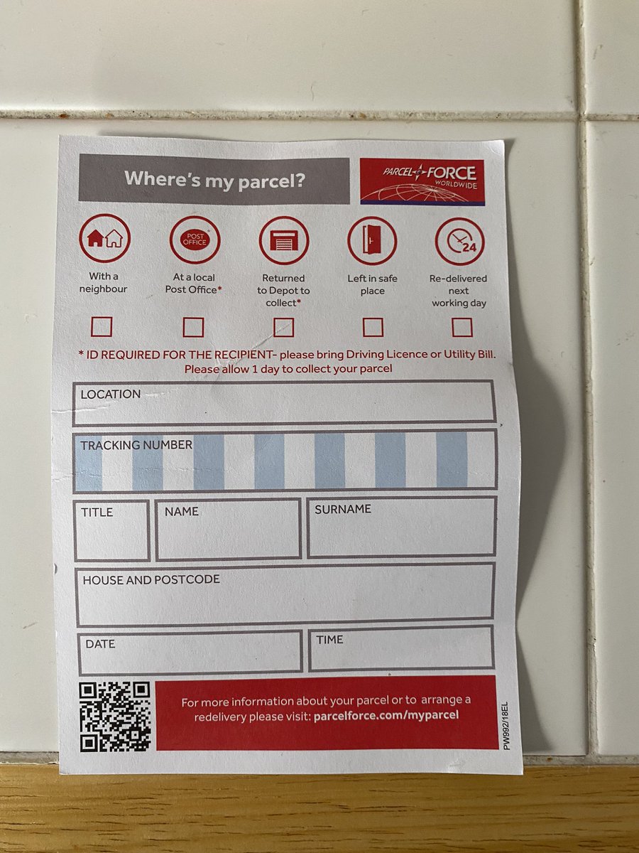 Thanks <a href="/parcelforce/">Parcelforce Worldwide</a> for leaving me absolutely no information on what this parcel is or how to collect it. Bravo!