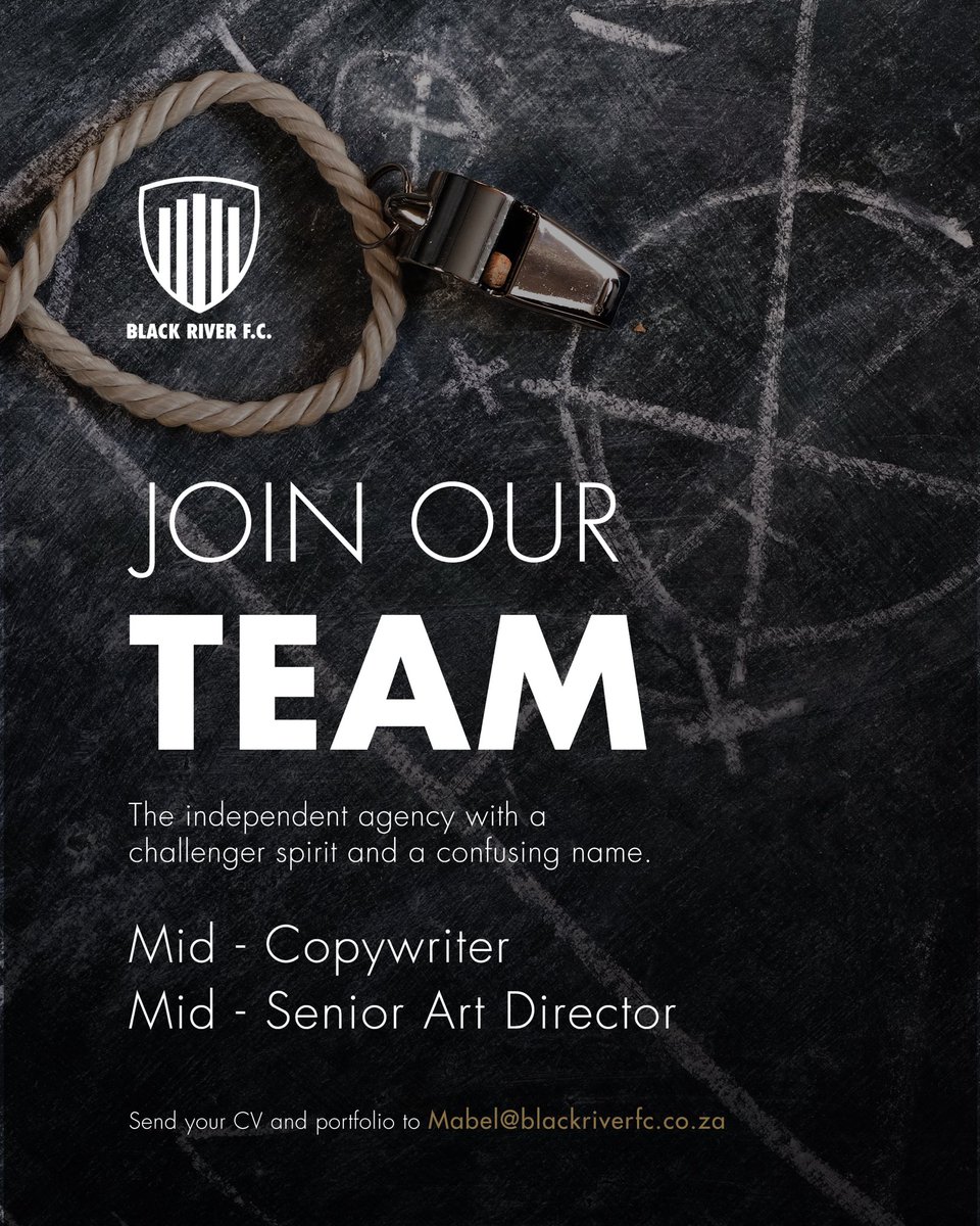 BlackRiverFC's tweet photo. We’re looking for people with an ambition to help businesses create change for Africa through creativity and innovation.
If you are who we’re looking for and want to make the starting line up, email your CV to mabel@blackriverfc.co.za. https://t.co/7UnoLsZiYn