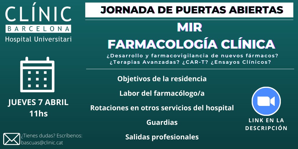 Juan Cionaig (@juancionaig) on Twitter photo 📣¡Futuros residentes de Farmacología Clínica👩⚕️👨🏾🔬!
JORNADA DE PUERTAS ABIERTAS MIR2022
🗓️ Jueves, 7/04
🕒 11hS
🔗 clinic.zoom.us/j/84884614282?…
(ID: 848 8461 4282/Código de acceso: 895970)
#MIR2022 #MIR #2MIR22 #residentes #Medicina
<a href="/sefc_news/">Sociedad Española de Farmacología Clínica (SEFC)</a> <a href="/hospitalclinic/">Hospital Clínic</a> <a href="/UniBarcelona/">Universitat de Barcelona</a> 📣¡Futuros residentes de Farmacología Clínica👩⚕️👨🏾🔬!
JORNADA DE PUERTAS ABIERTAS MIR2022
🗓️ Jueves, 7/04
🕒 11hS
🔗 clinic.zoom.us/j/84884614282?…
(ID: 848 8461 4282/Código de acceso: 895970)
#MIR2022 #MIR #2MIR22 #residentes #Medicina
<a href="/sefc_news/">Sociedad Española de Farmacología Clínica (SEFC)</a> <a href="/hospitalclinic/">Hospital Clínic</a> <a href="/UniBarcelona/">Universitat de Barcelona</a>