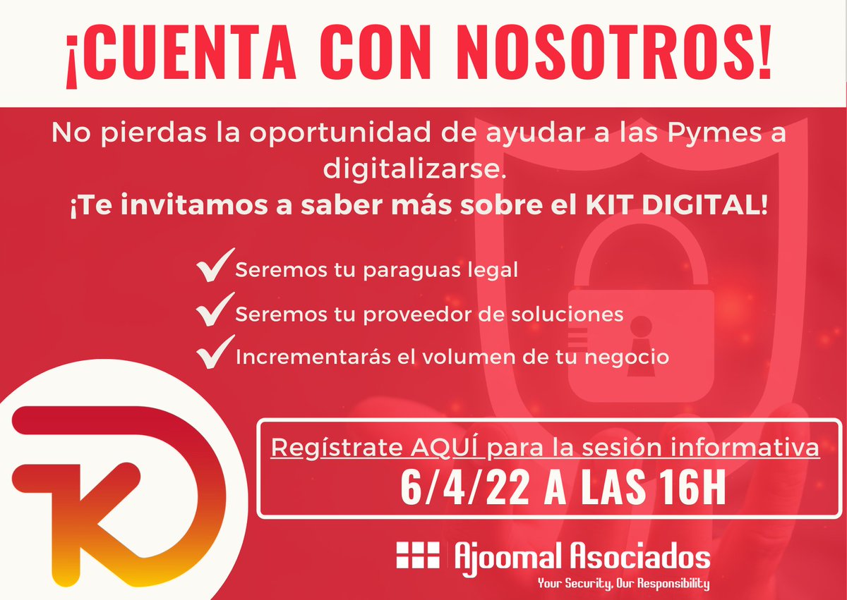 El próximo 6 de abril tenemos algo que contarte. Ayuda a las PYMES a digitalizarse. Incrementa el volumen de tu negocio y benefíciate con Ajoomal Asociados. Regístrate aquí - lnkd.in/d6VjzpGV

#ciberseguridad #kitgital
